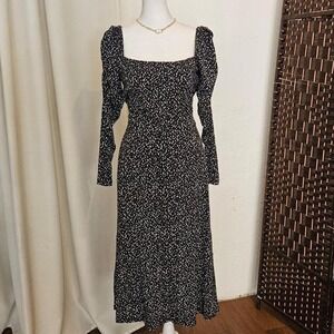 Sosandar Women's Black and White Polka Dot Midi Dress with Puffy Sleeves